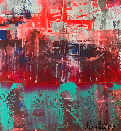 Abstract Acrylic Painting Berth Melezhik Olga in red teal gray brushstrokes