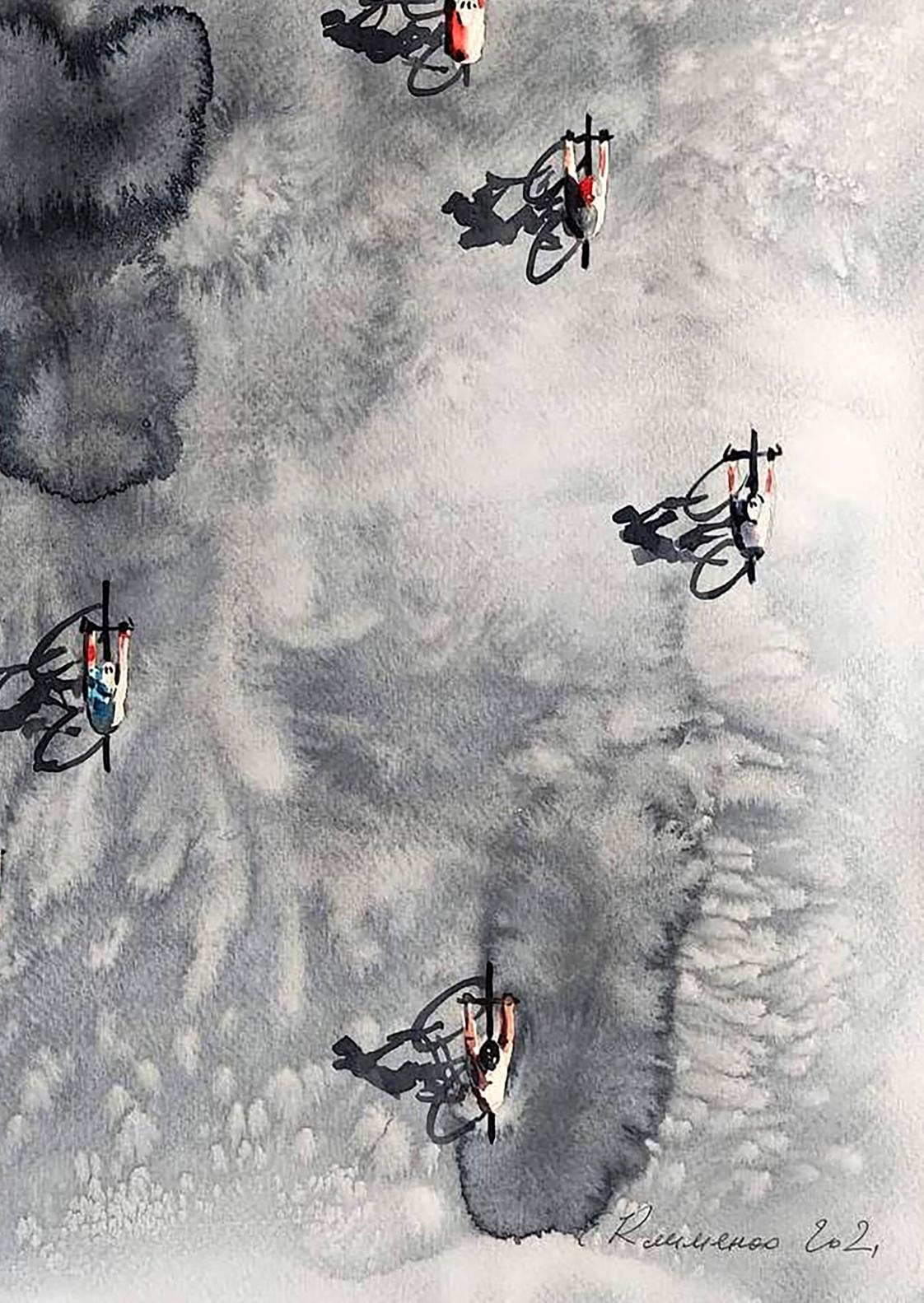 Watercolor painting Morning bike by Elena Klimenko with stylized bicycles
