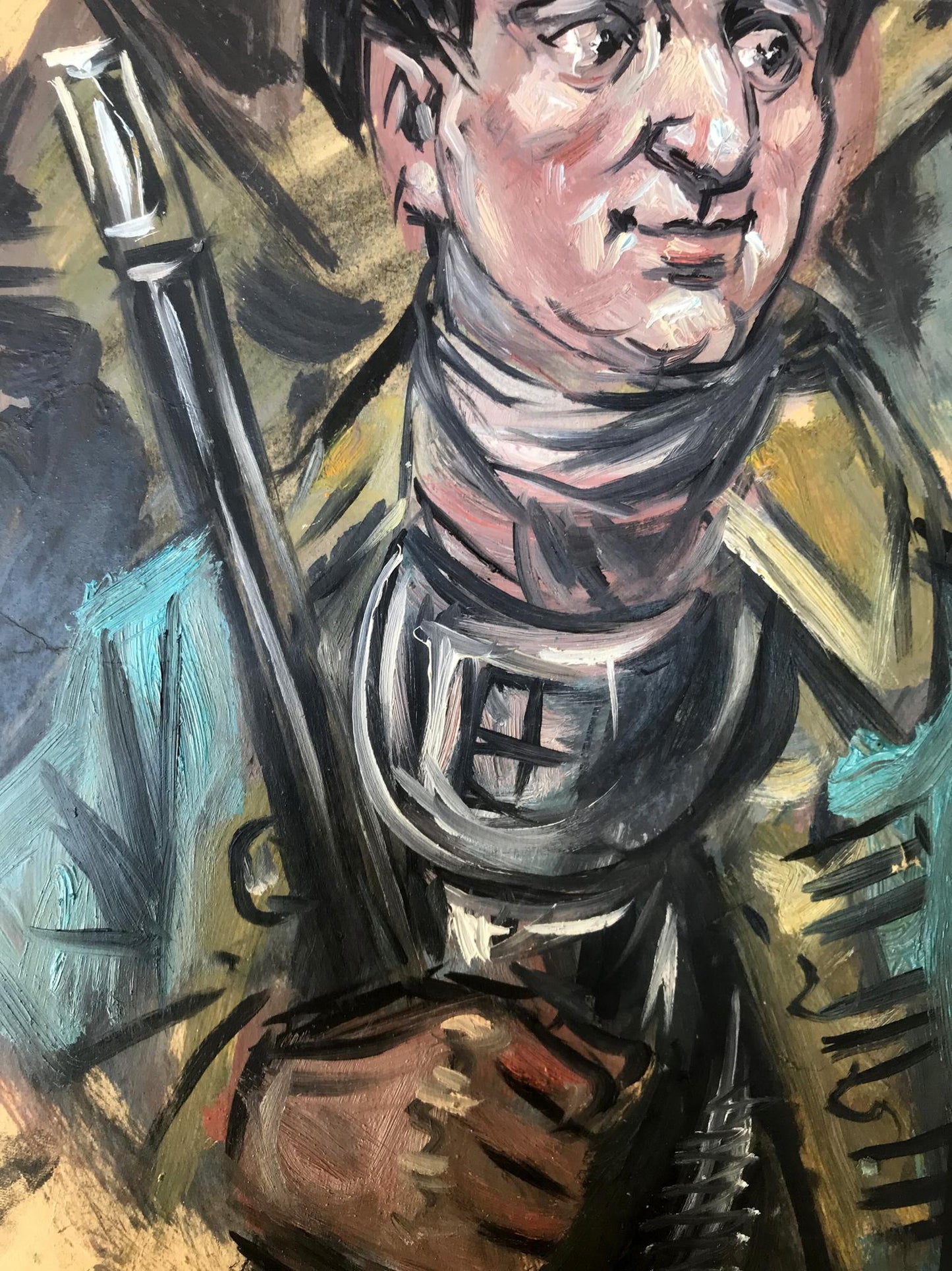 Oil painting portrait of soldier in overcoat by Alexander Litvinov