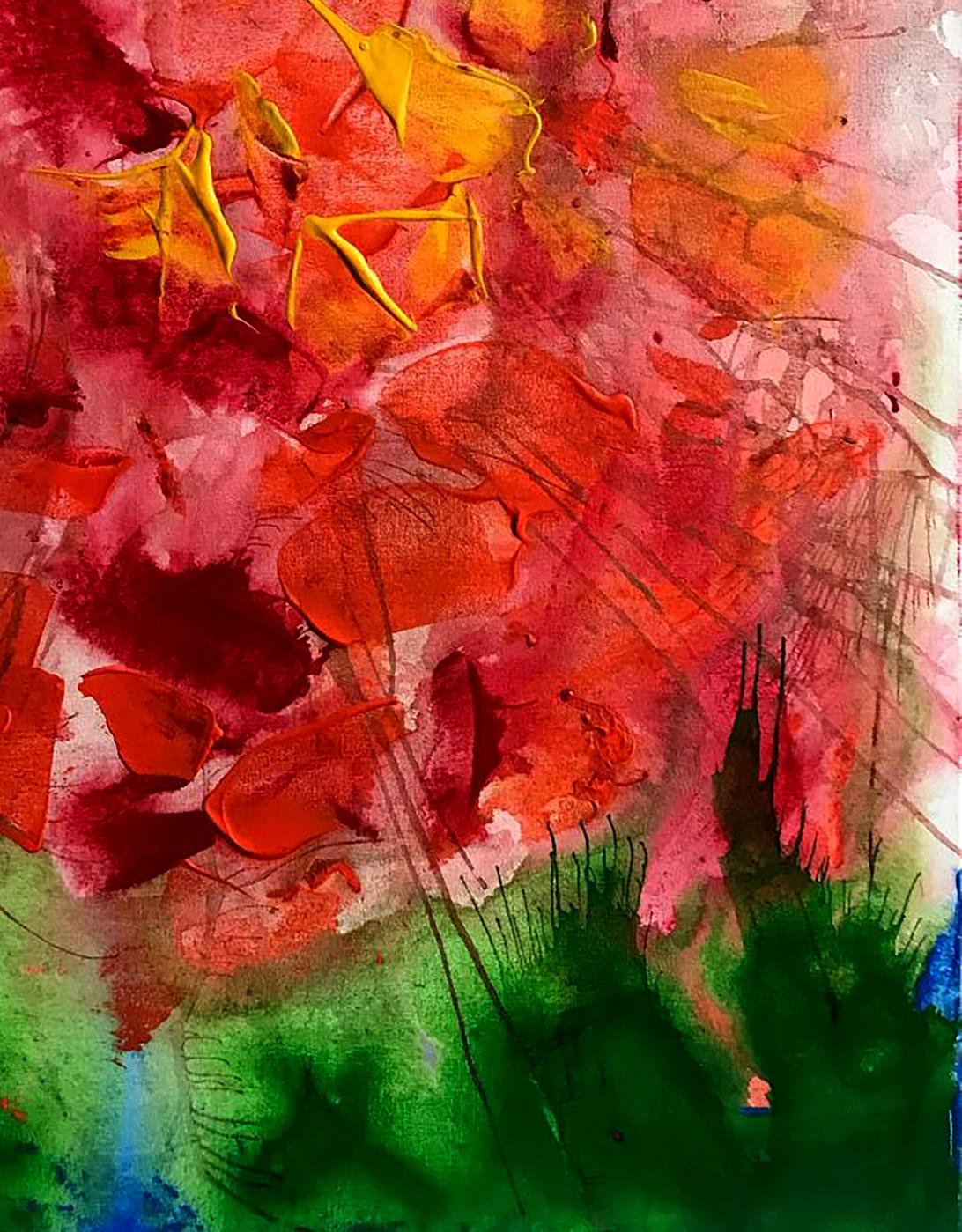 Vibrant Secret Scent acrylic painting by Melezhik Olga in bold reds oranges greens
