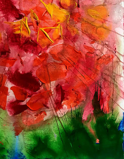Vibrant Secret Scent acrylic painting by Melezhik Olga in bold reds oranges greens