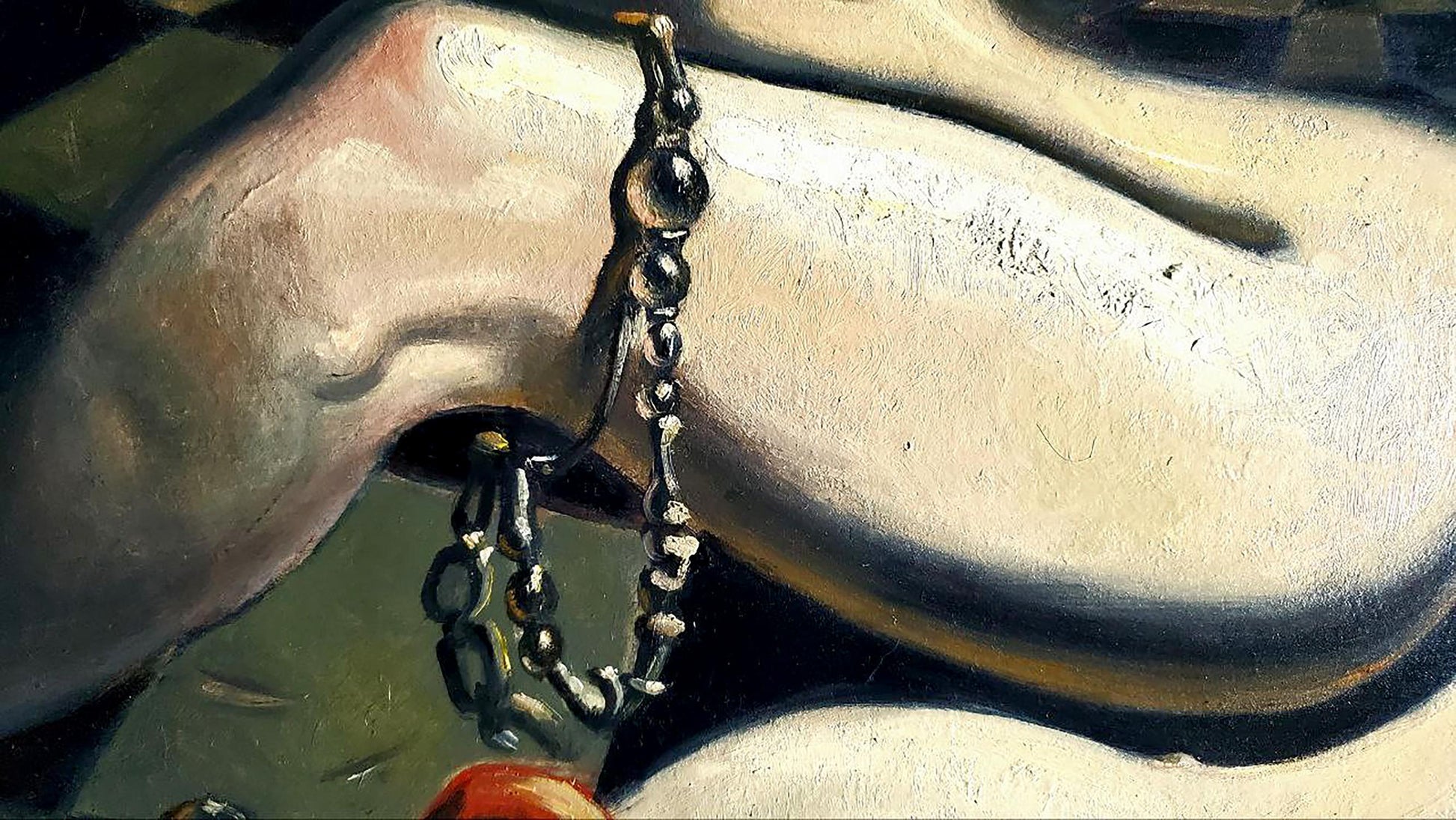Dark metallic chain with beads on pale skin in Litvinov Daniil Olegovich abstract oil painting