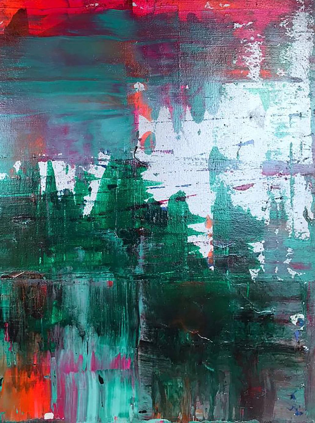 Abstract Forest Lake acrylic painting by Melezhik Olga, bold red teal green strokes