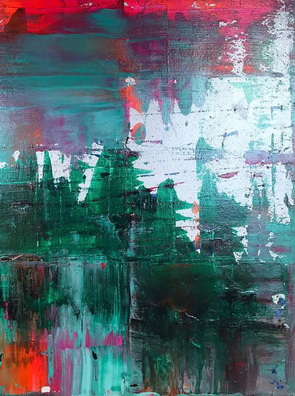 Abstract Forest Lake acrylic painting by Melezhik Olga, bold red teal green strokes