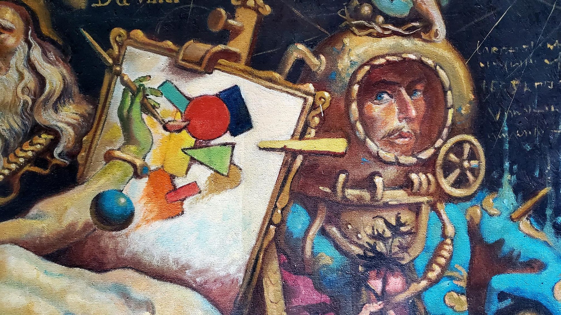 Oil painting of Leonardo da Vinci’s dream: golden diving helmet on figure in blue pink attire by Litvinov Daniil Olegovich