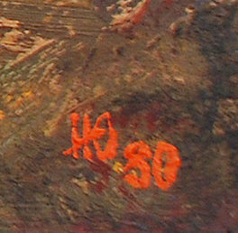 Back of Egor Shvachunov oil painting with Orange h350 stamp on textured earth-toned surface