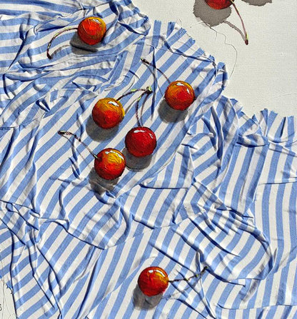 Vibrant red cherries acrylic painting by Elena Klimenko on striped fabric