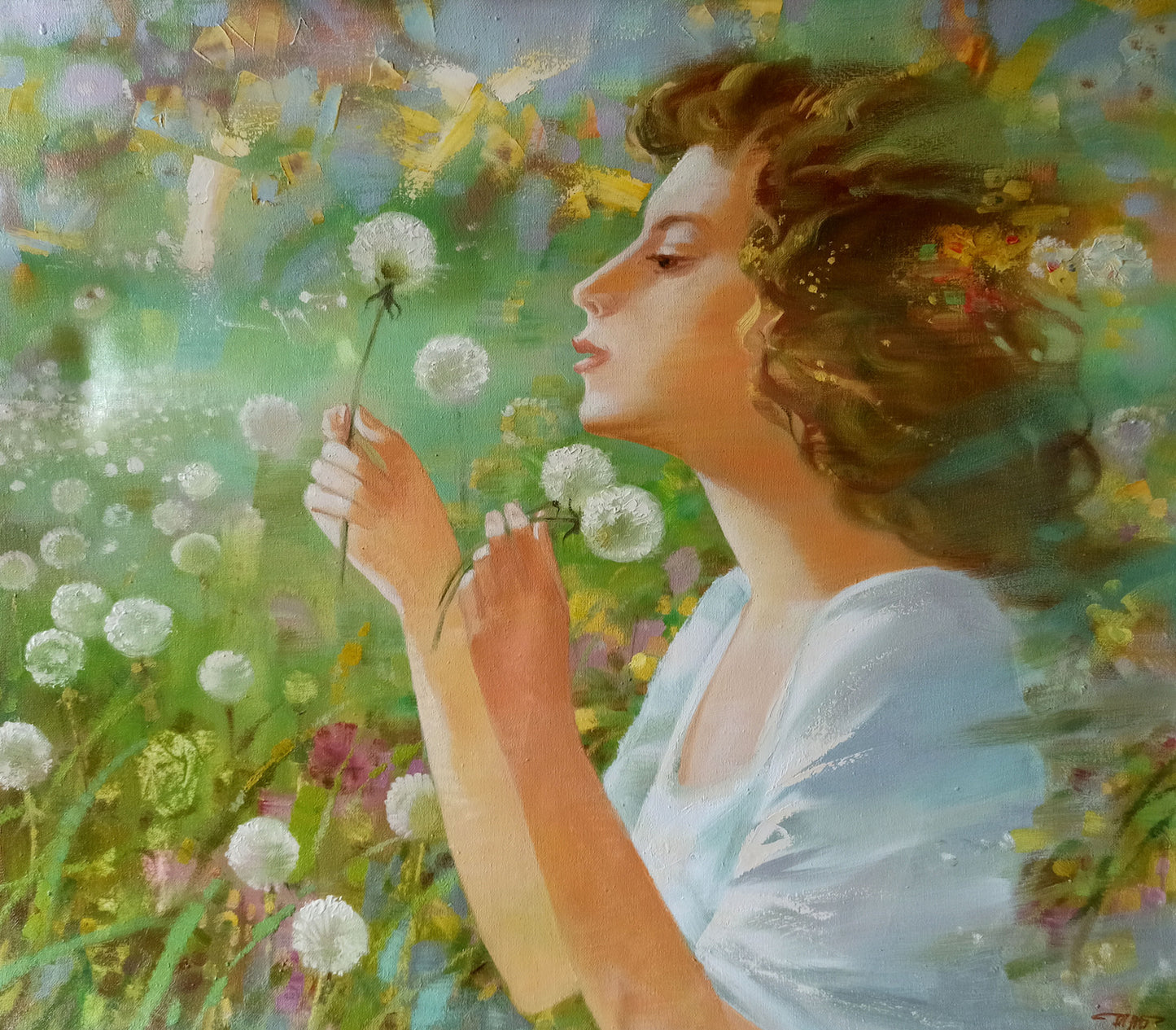 Custom stylized portrait of woman in light blue dress holding white dandelion in wildflowers