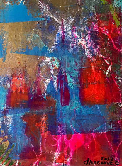 Vibrant abstract acrylic painting Start Melezhik Olga with red blue gold strokes