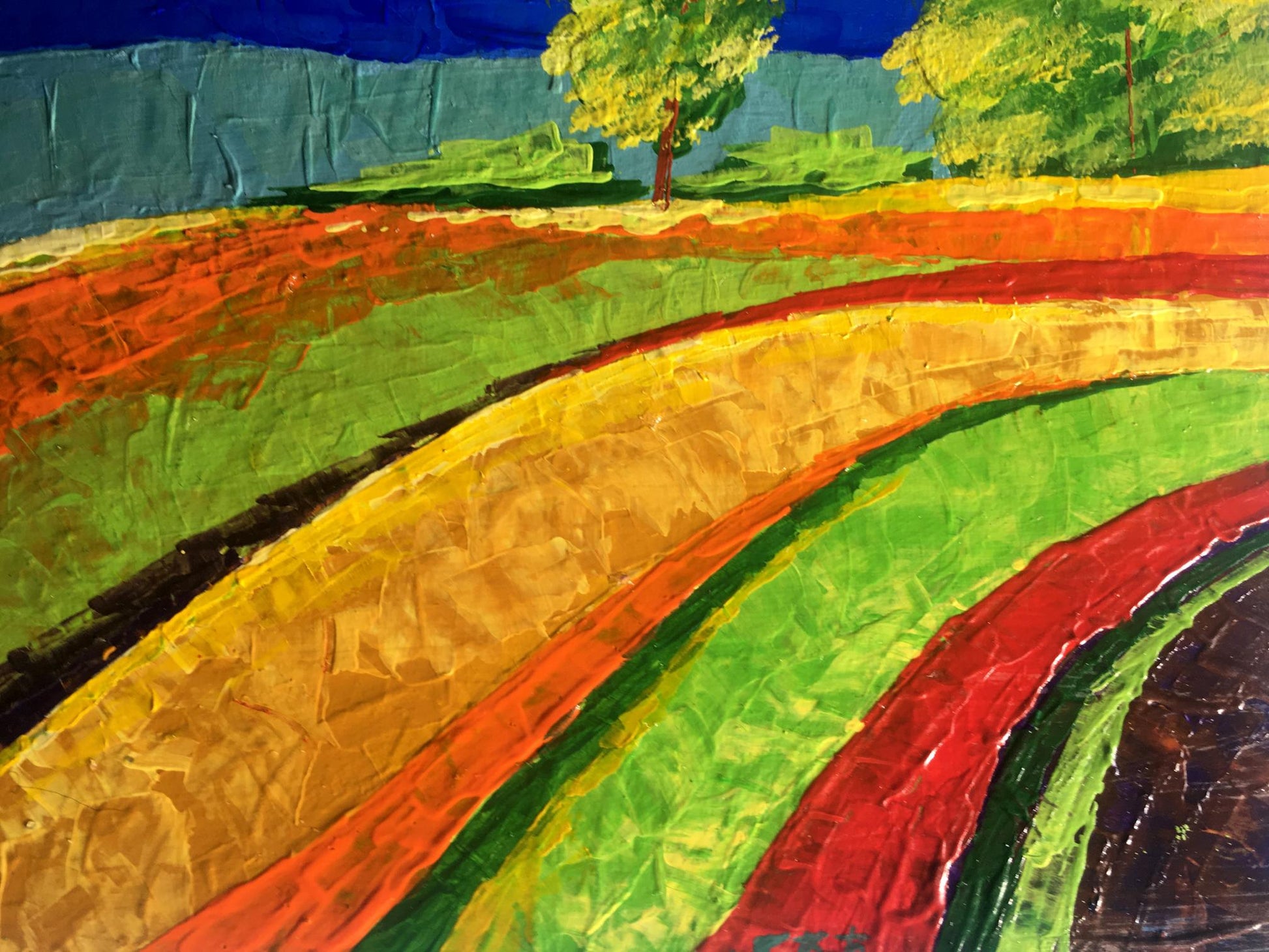 Vibrant oil painting Way home by Zadorozhnya V. V. with bold stripes and trees