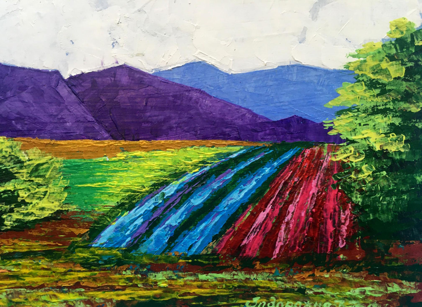 Vibrant oil painting of vineyards in purple mountains by V. Zadorozhnya