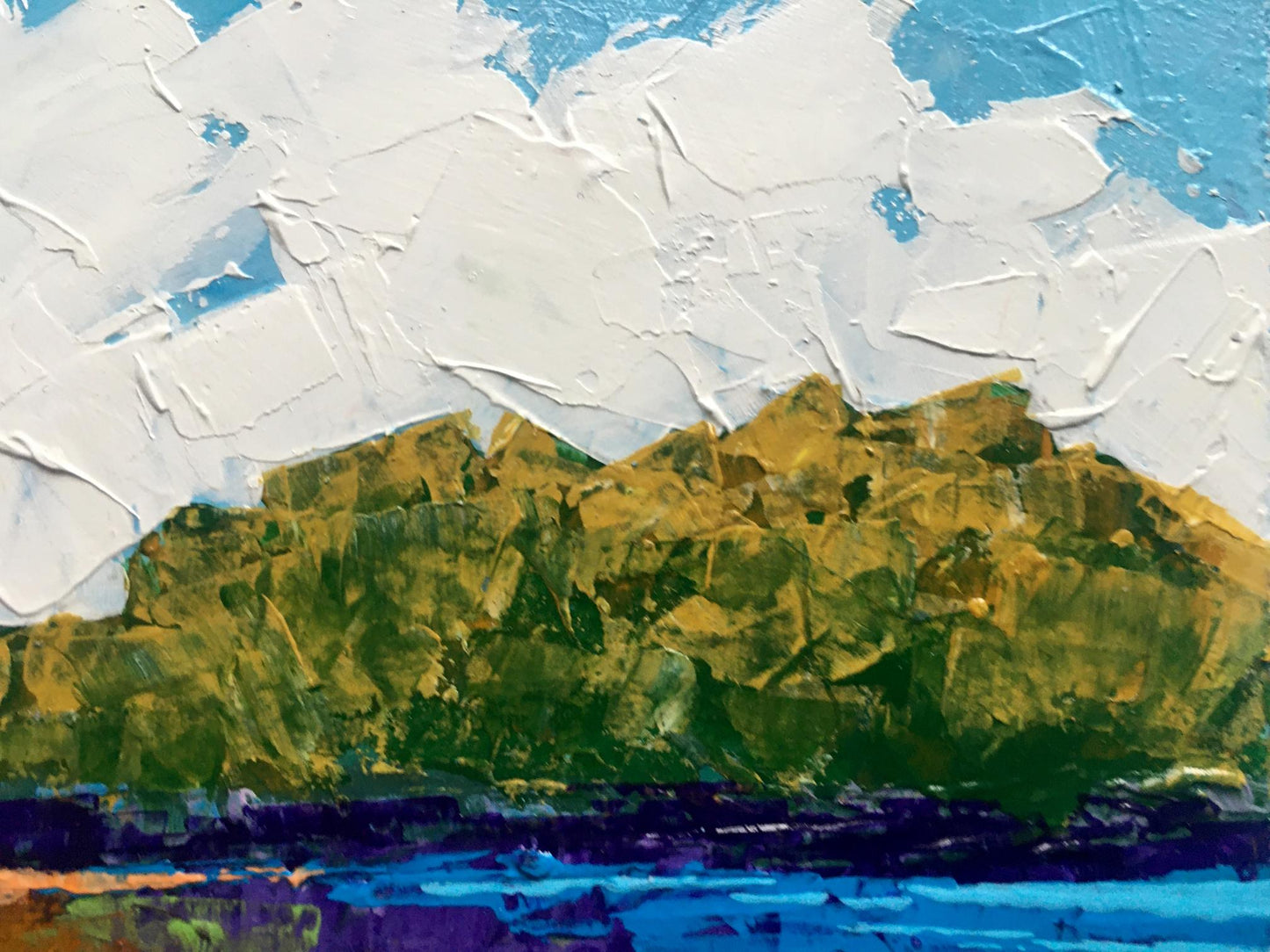 Oil painting Autumn has come by Zadorozhnya V.V. with clouds, mountains, purple water
