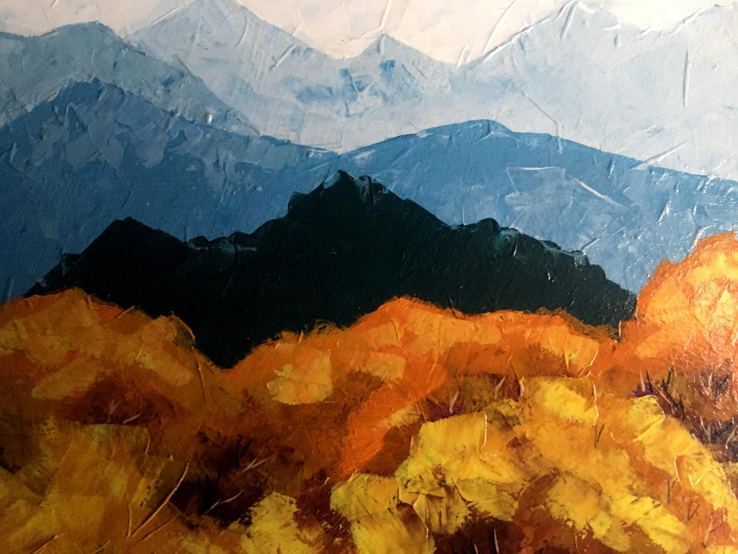 Oil painting Autumn mountains V. Zadorozhnya textured layers blues autumn foliage