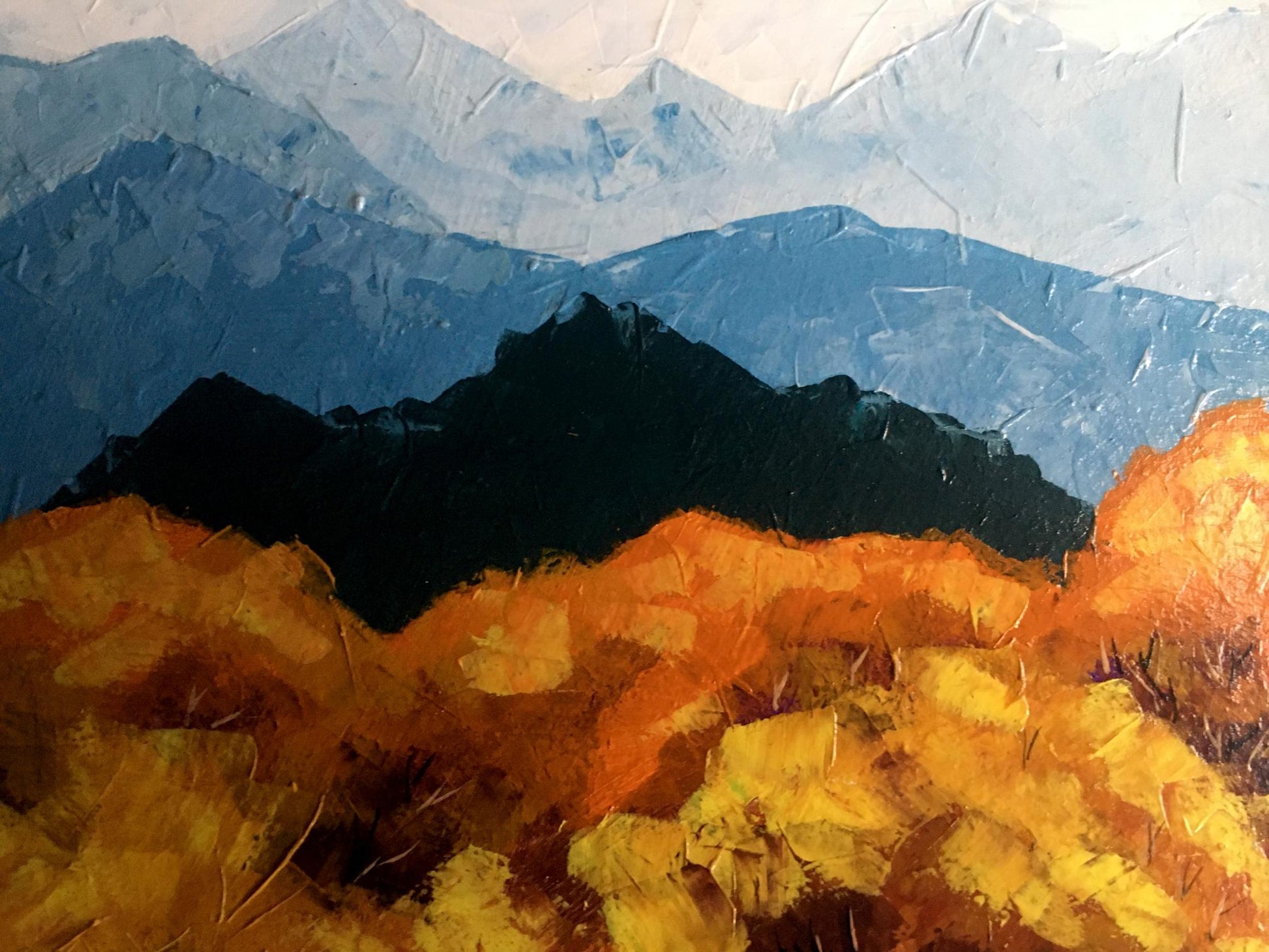 Oil painting Autumn mountains V. Zadorozhnya textured layers blues autumn foliage