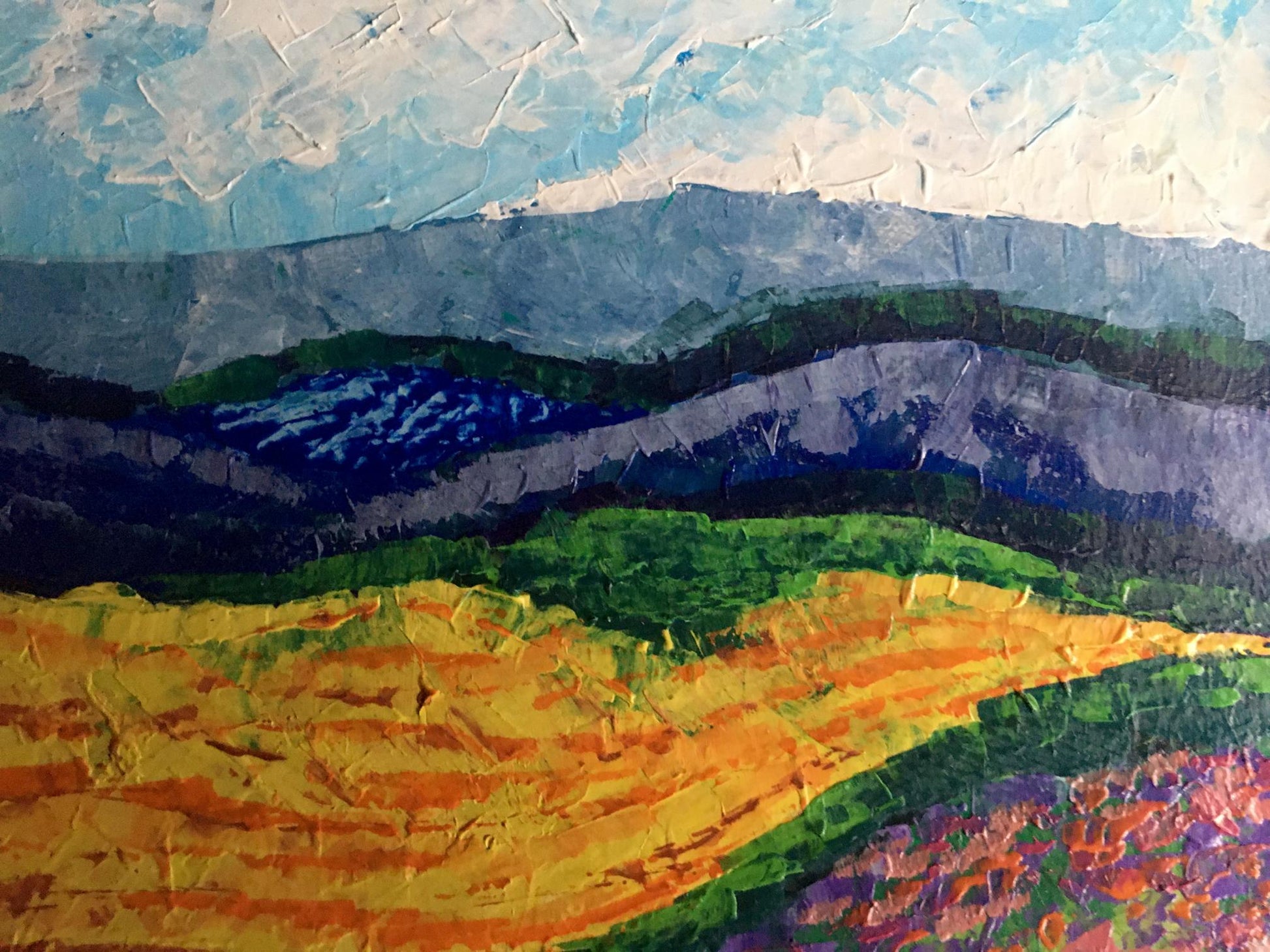 Oil painting Carpathians V. Zadorozhnya with textured blue, green, orange, purple strokes