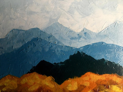 Oil painting Autumn mountains by V. Zadorozhnya, blue peaks and orange terrain