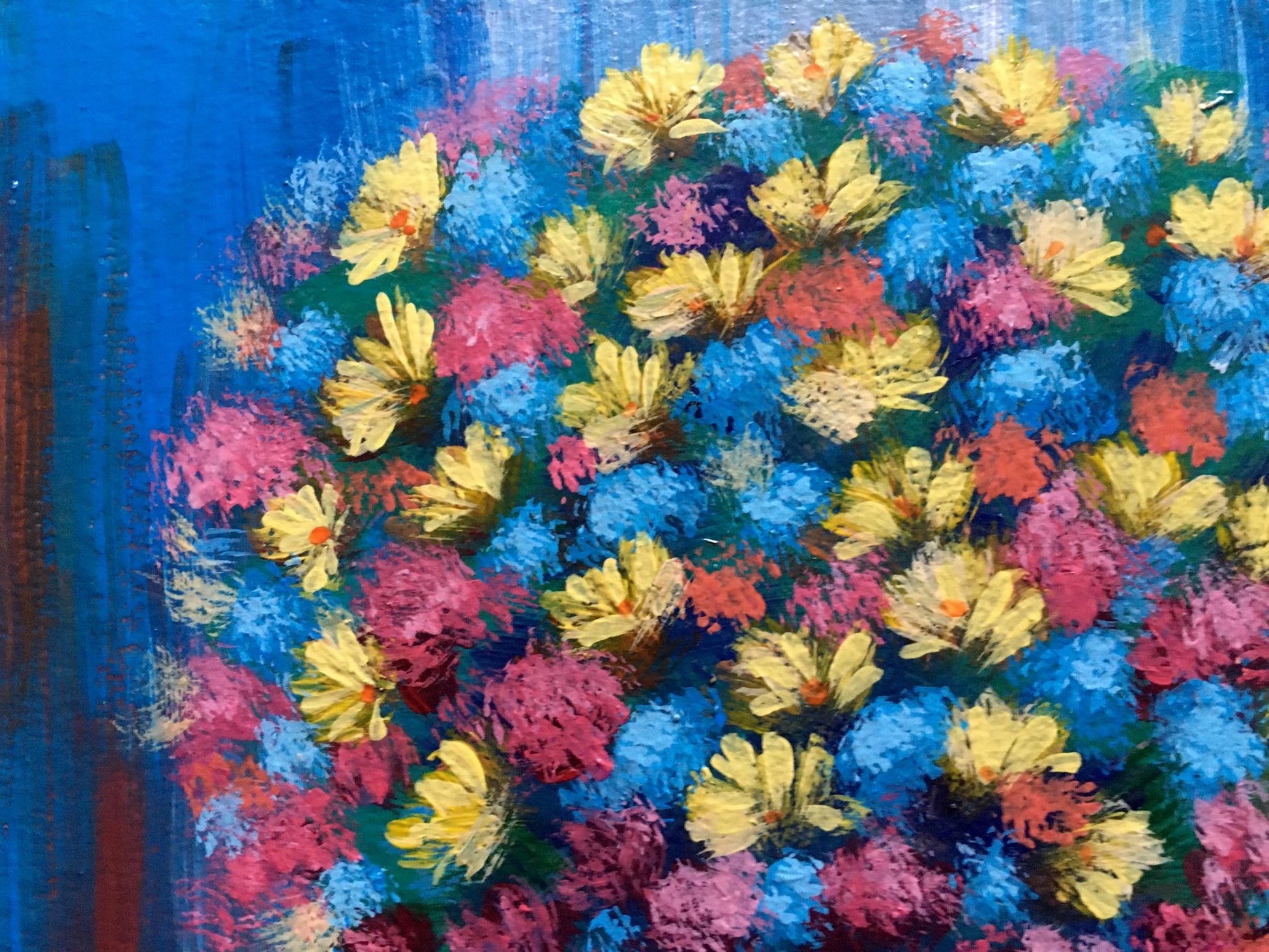 Vibrant oil painting Spring bouquet by Zadorozhnya V. V. with yellow blue pink flowers