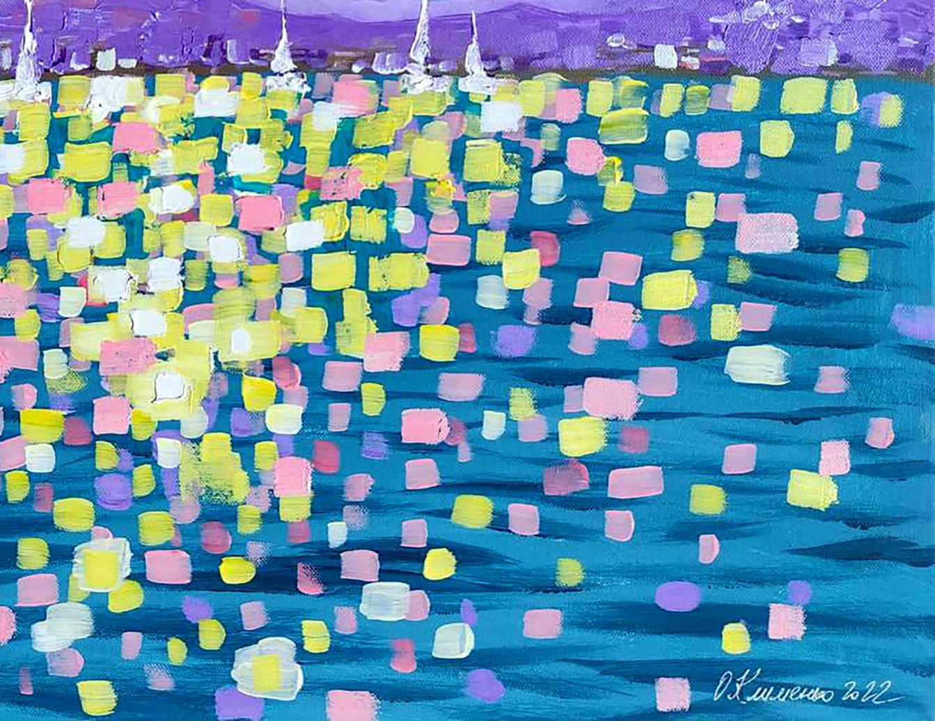 Vibrant Cote d’Azur acrylic painting by Elena Klimenko, blue sea with colorful lights