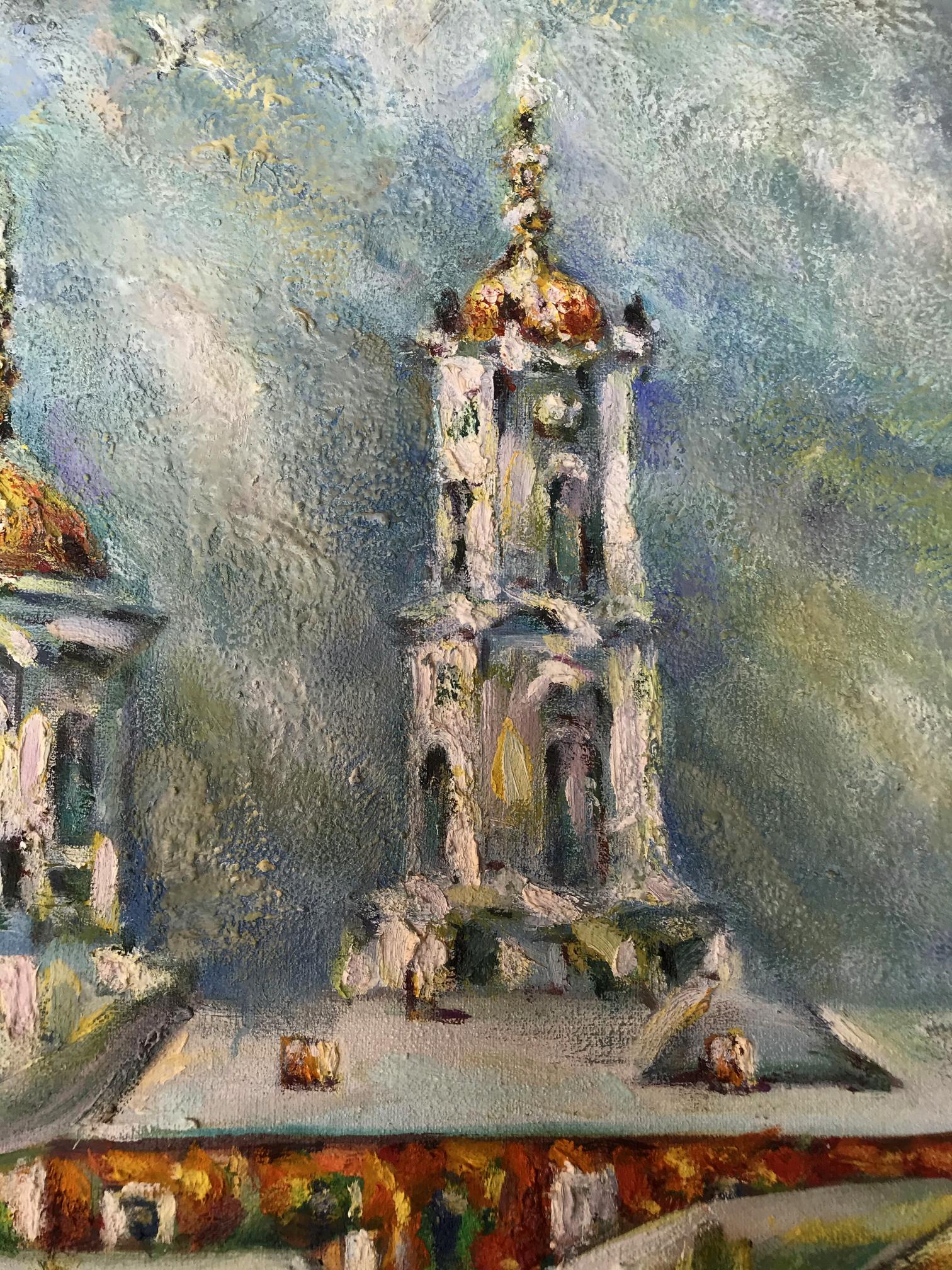 Oil painting of Sanctuary Among the Trees by Shapoval Ivan Leontyevich, bell tower with golden domes