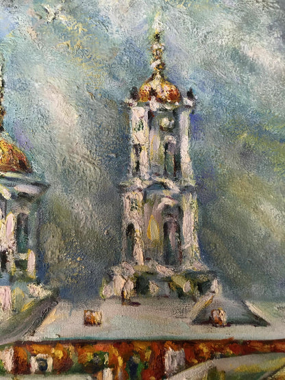 Oil painting of Sanctuary Among the Trees by Shapoval Ivan Leontyevich, bell tower with golden domes
