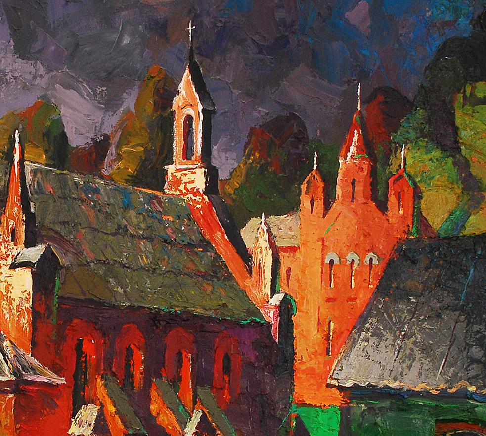 Oil painting Old misto by Egor Shvachunov: vibrant church in stormy purple sky