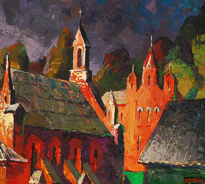 Oil painting Old misto by Egor Shvachunov: vibrant church in stormy purple sky