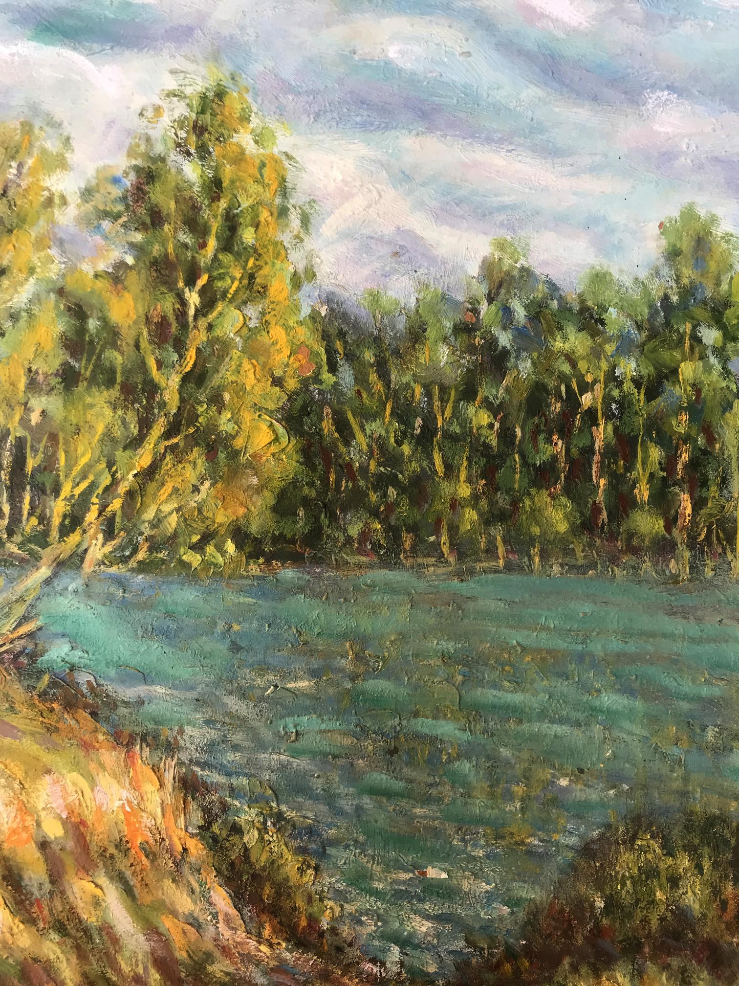 Textured impressionist oil painting The Whispering Stream by Shapoval Ivan Leontyevich, tranquil lake and trees
