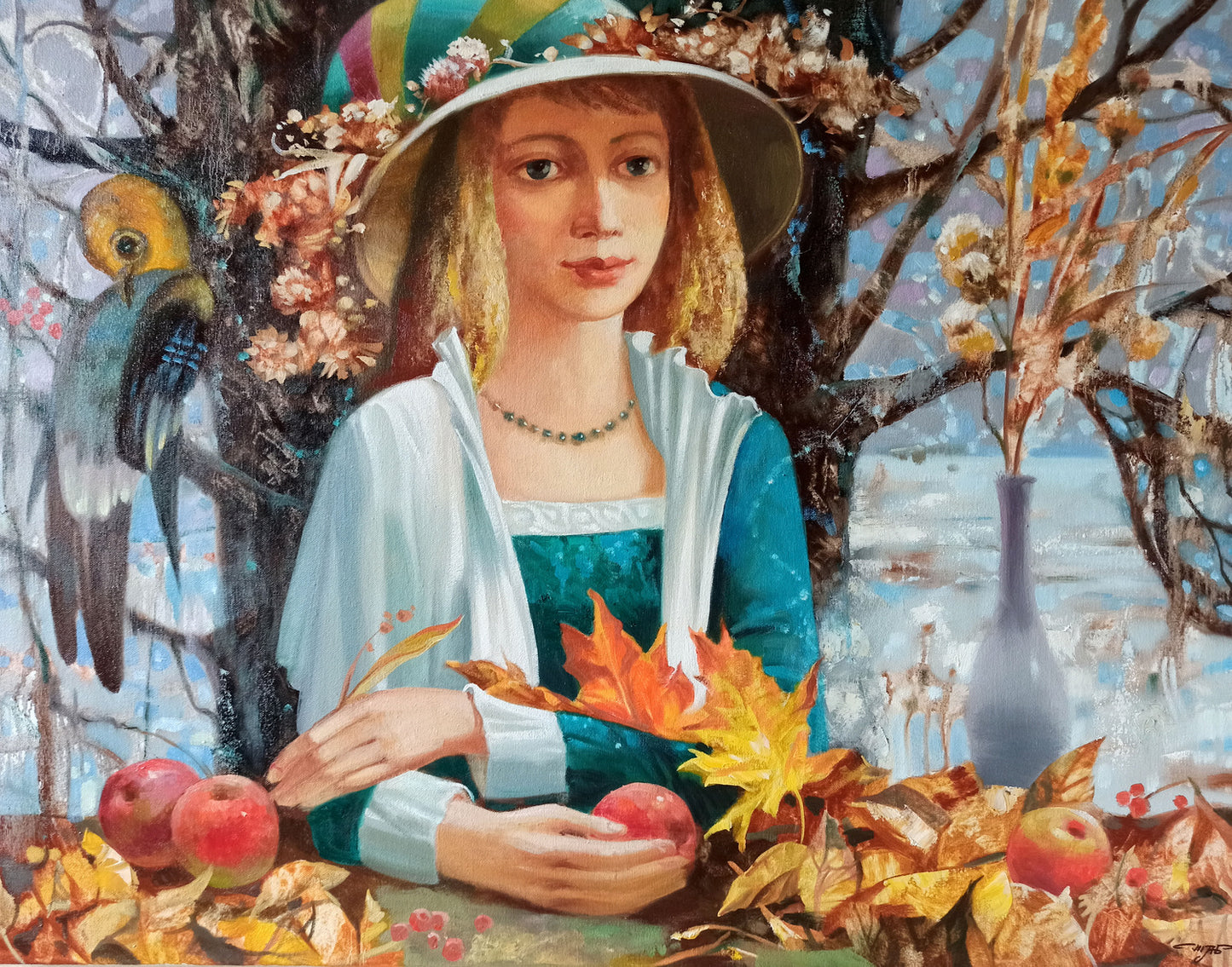 Stylized custom oil portrait of woman in floral hat, teal dress, blue shawl