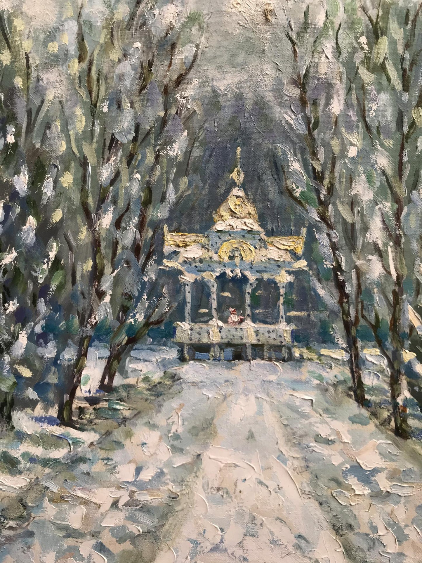 Oil painting by Shapoval Ivan Leontyevich: golden ornate gazebo on snowy path