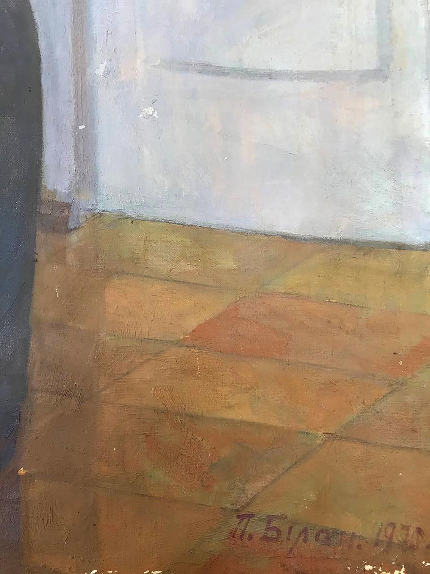 Oil painting portrait of Lenin Bilan Petr Ilyich on textured earth-toned tile floor