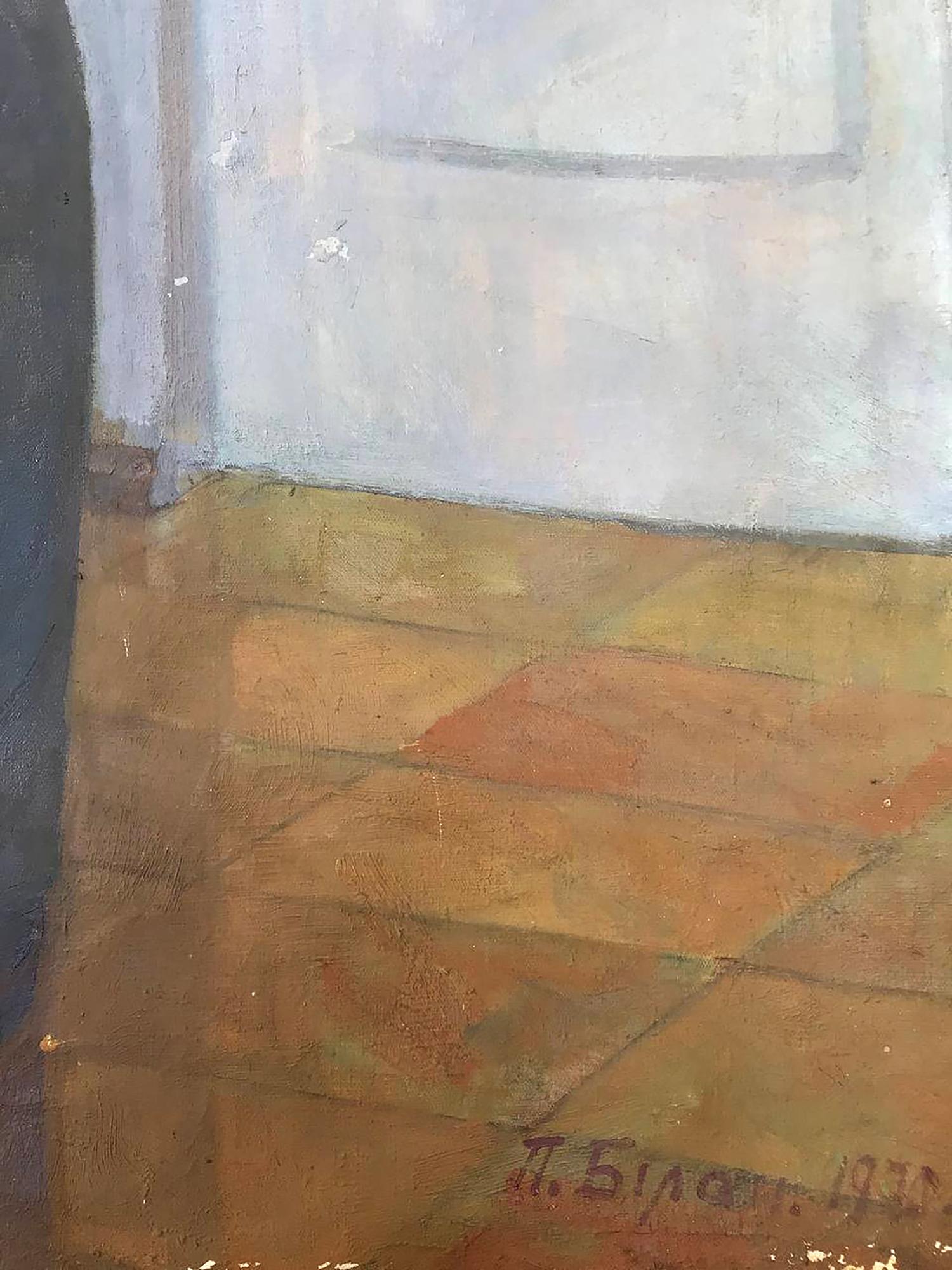 Oil painting portrait of Lenin Bilan Petr Ilyich on textured earth-toned tile floor