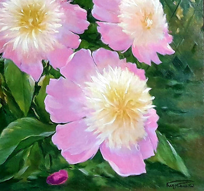 Vibrant oil painting of pink peonies by Korkishko Vasily on green foliage
