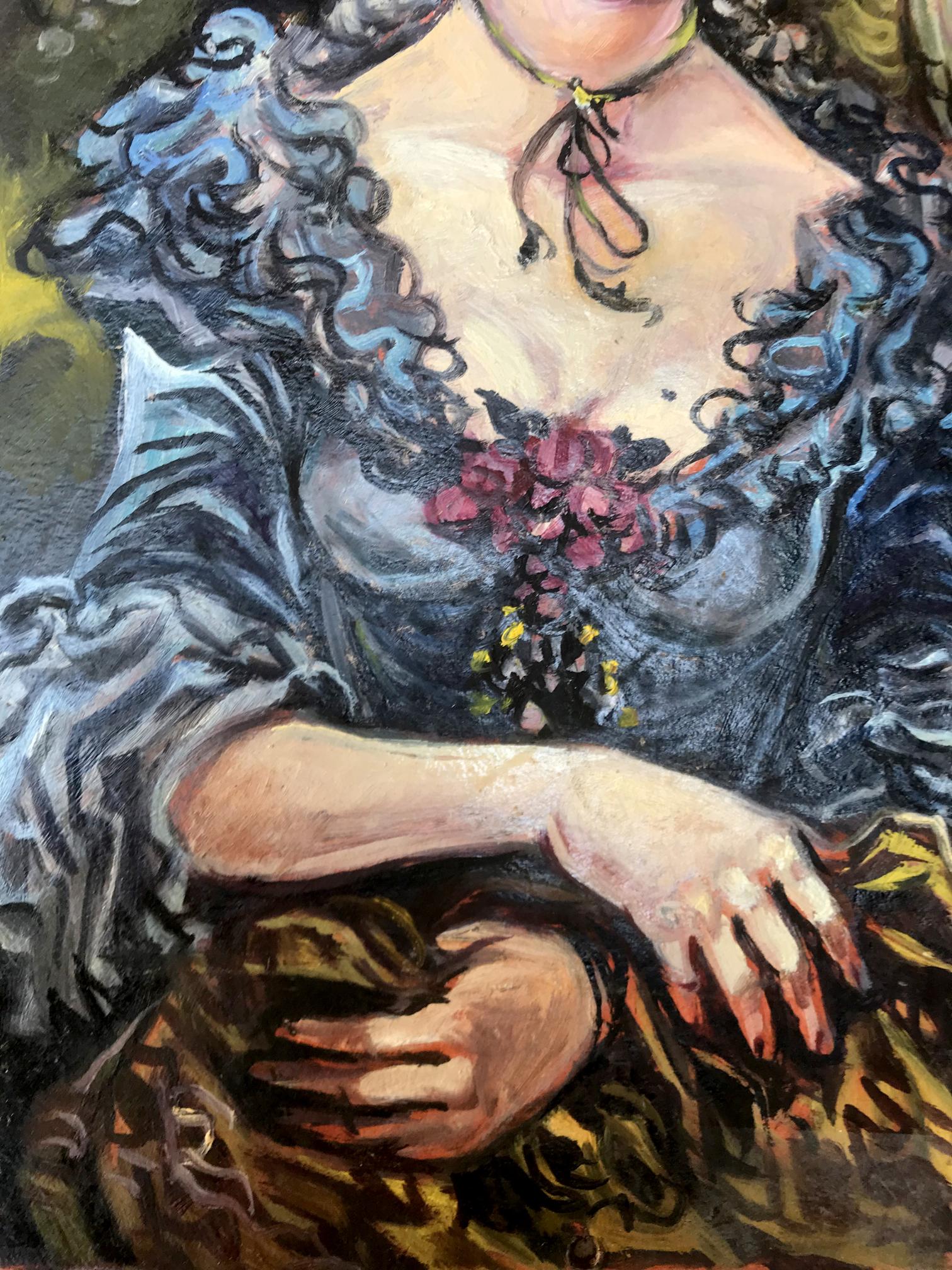 Oil painting portrait of woman in blue ruffled gown with bird by Alexander Litvinov