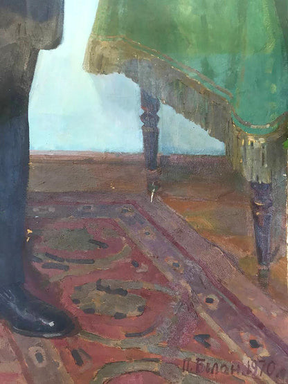 Oil painting of Karl Marx by Bilan Petr Ilyich on red gold rug