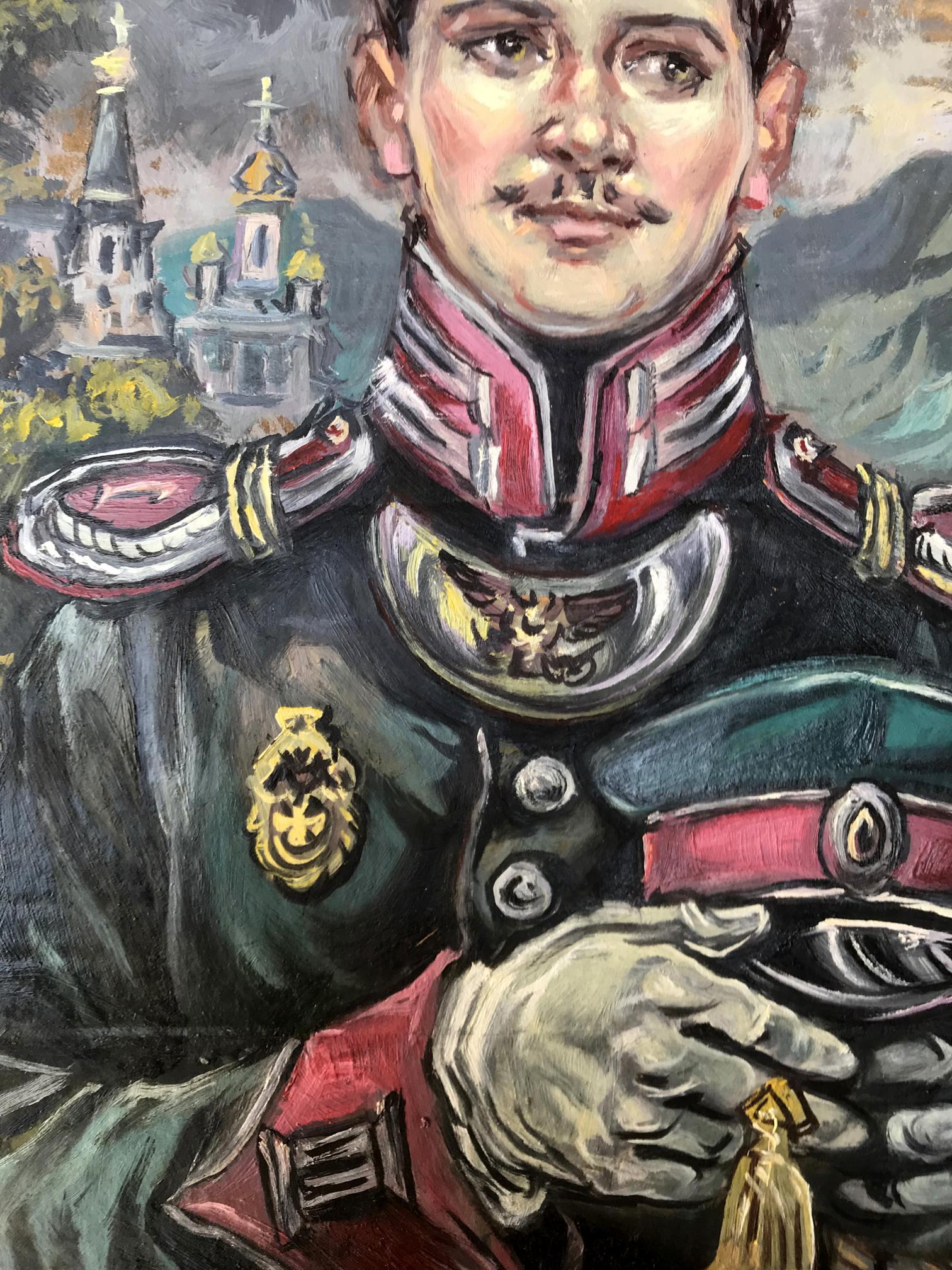 Oil painting of pensive portrait of officer Alexander Litvinov in ornate uniform