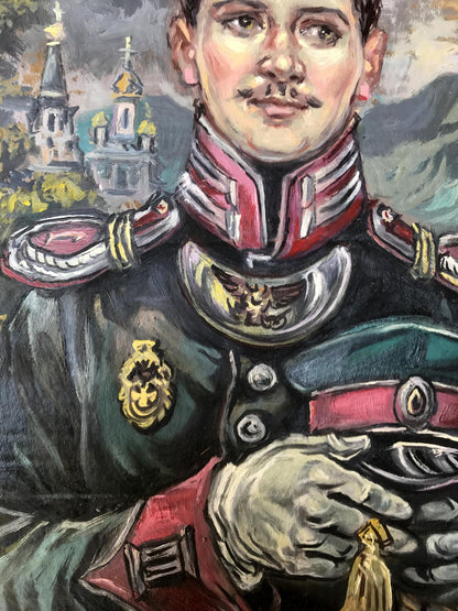 Oil painting of pensive portrait of officer Alexander Litvinov in ornate uniform