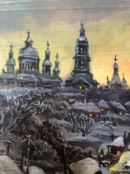 Oil painting by Alexander Litvinov: snowy winter city scene at sunset