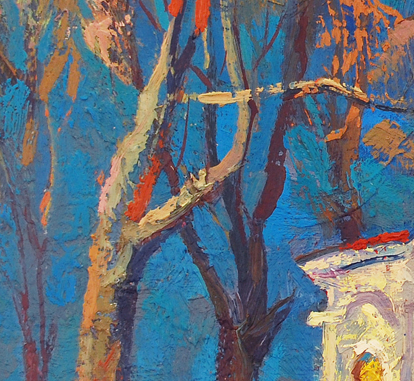 Vibrant blue orange abstract oil painting by Egor Shvachunov textured tree branches