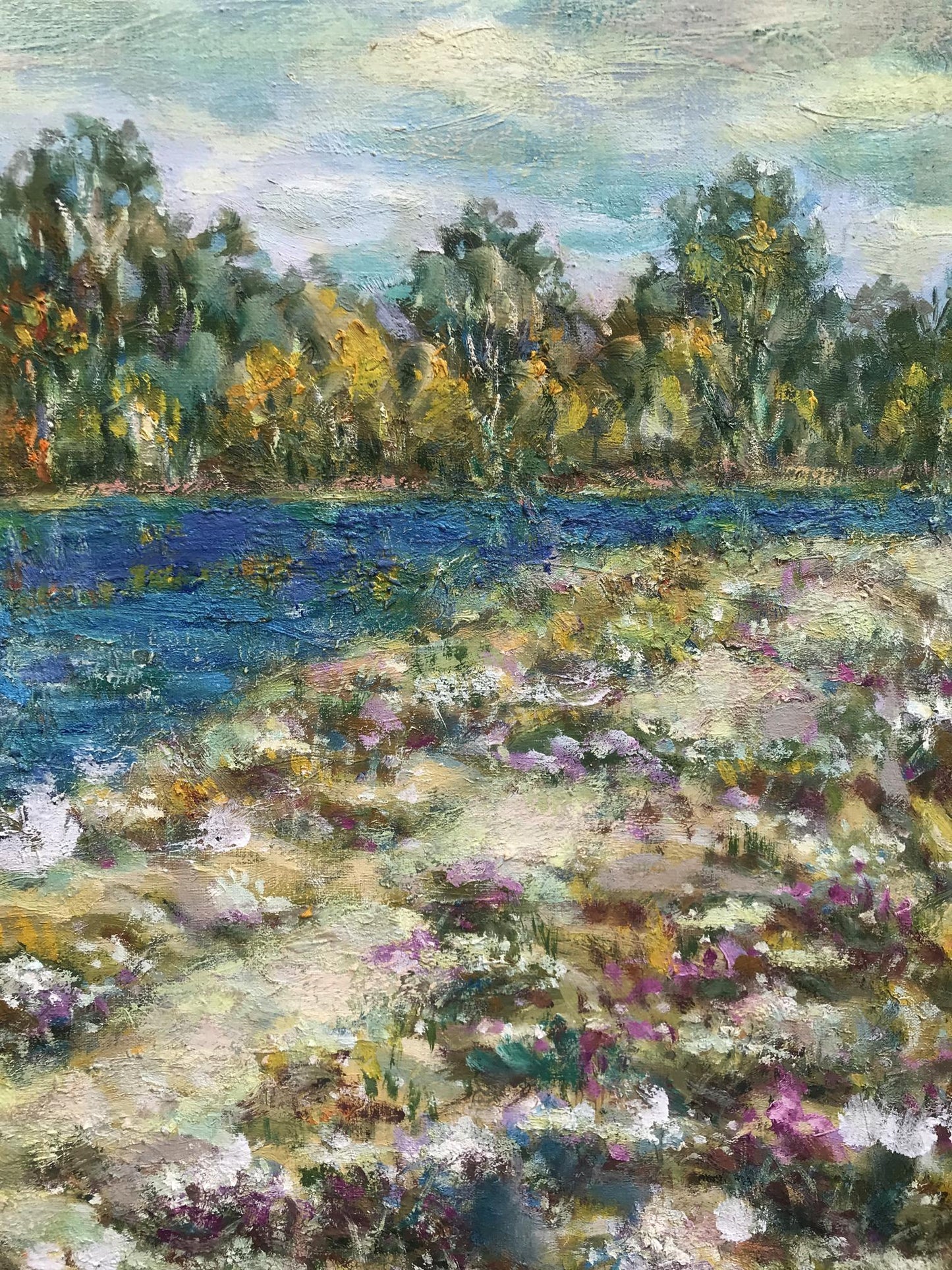 Oil painting The Song of the Summer Forest by Shapoval Ivan Leontyevich with purple wildflowers, green trees, blue river