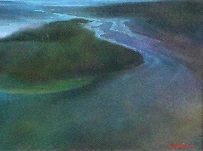 Serene oil painting Freshet by Korkishko Vasily with blue-green river