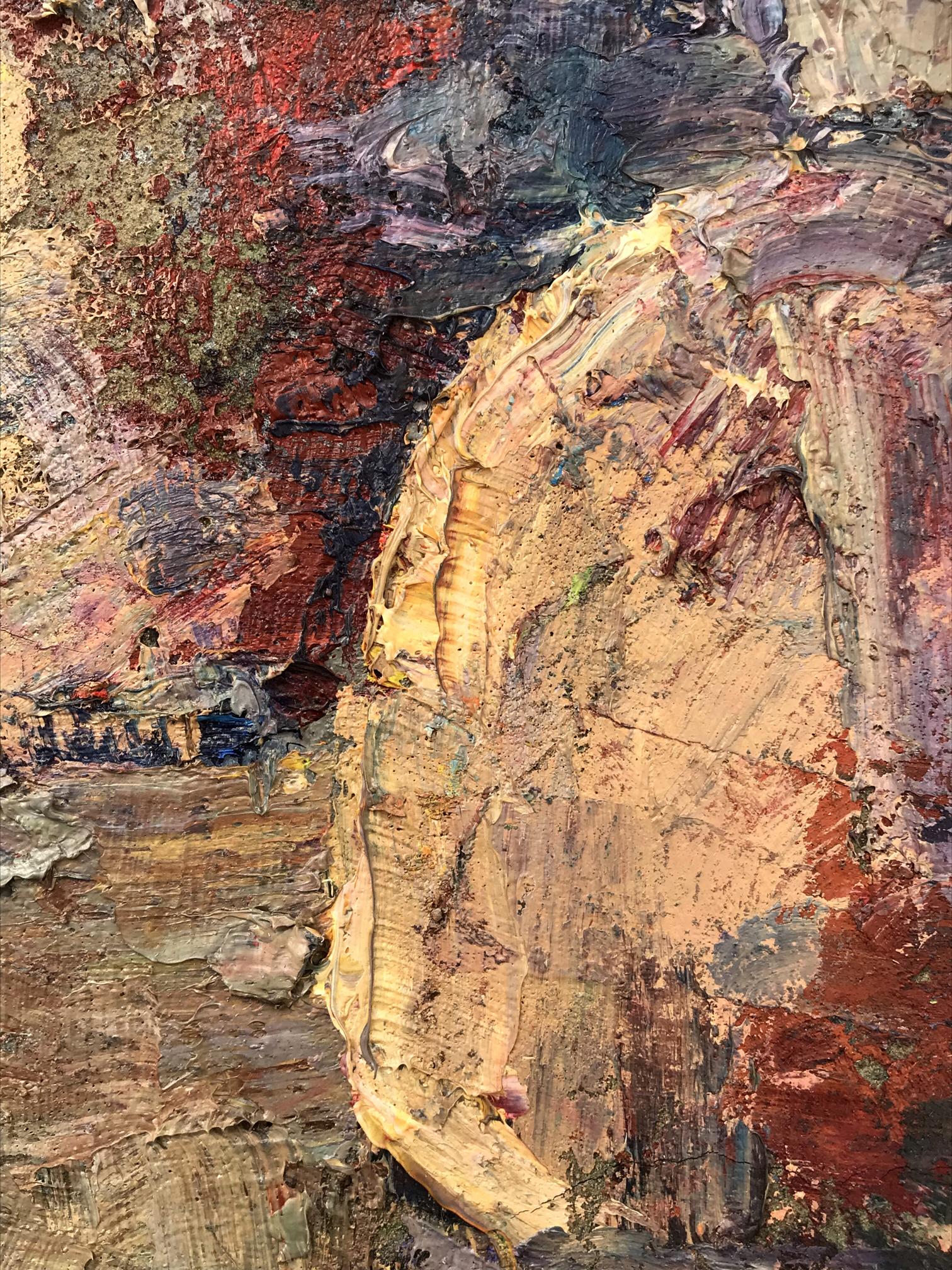 Oil painting August morning Mazur Vladimir textured ochre red cliff