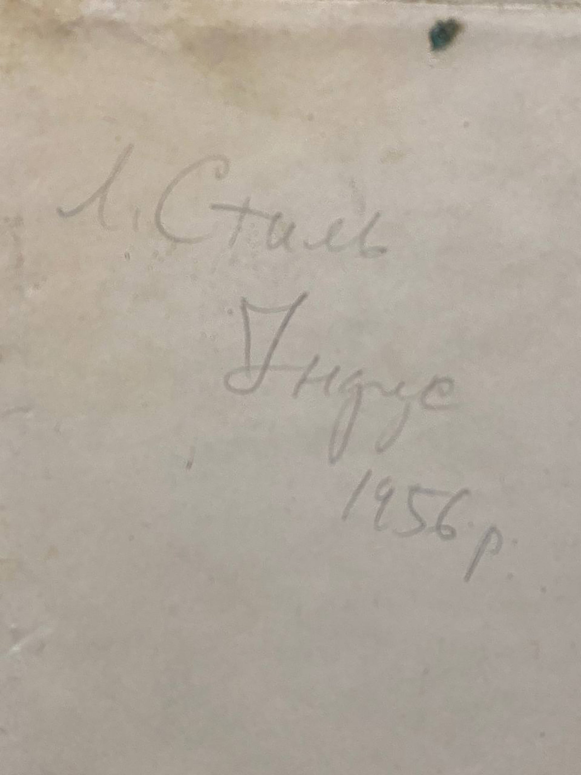 Faded handwritten inscription on back of Leonid Mikhaylovich oil painting Hindu Stil