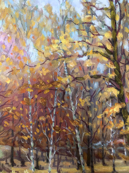 Oil painting The Forests Golden Hour by Shapoval Ivan Leontyevich, vibrant autumn birch forest