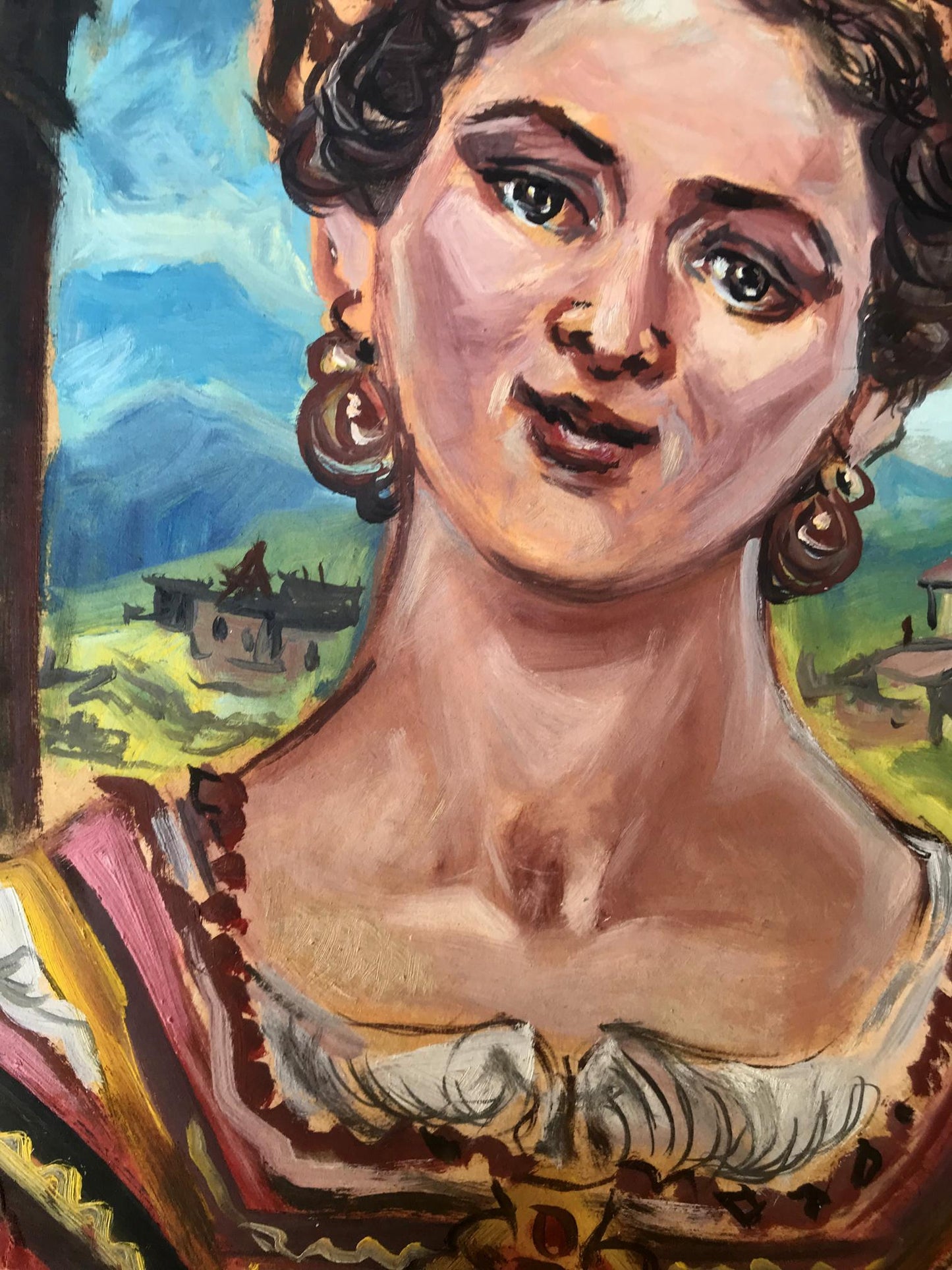 Vibrant Frida Kahlo oil portrait by Alexander Litvinov with curly hair, earrings