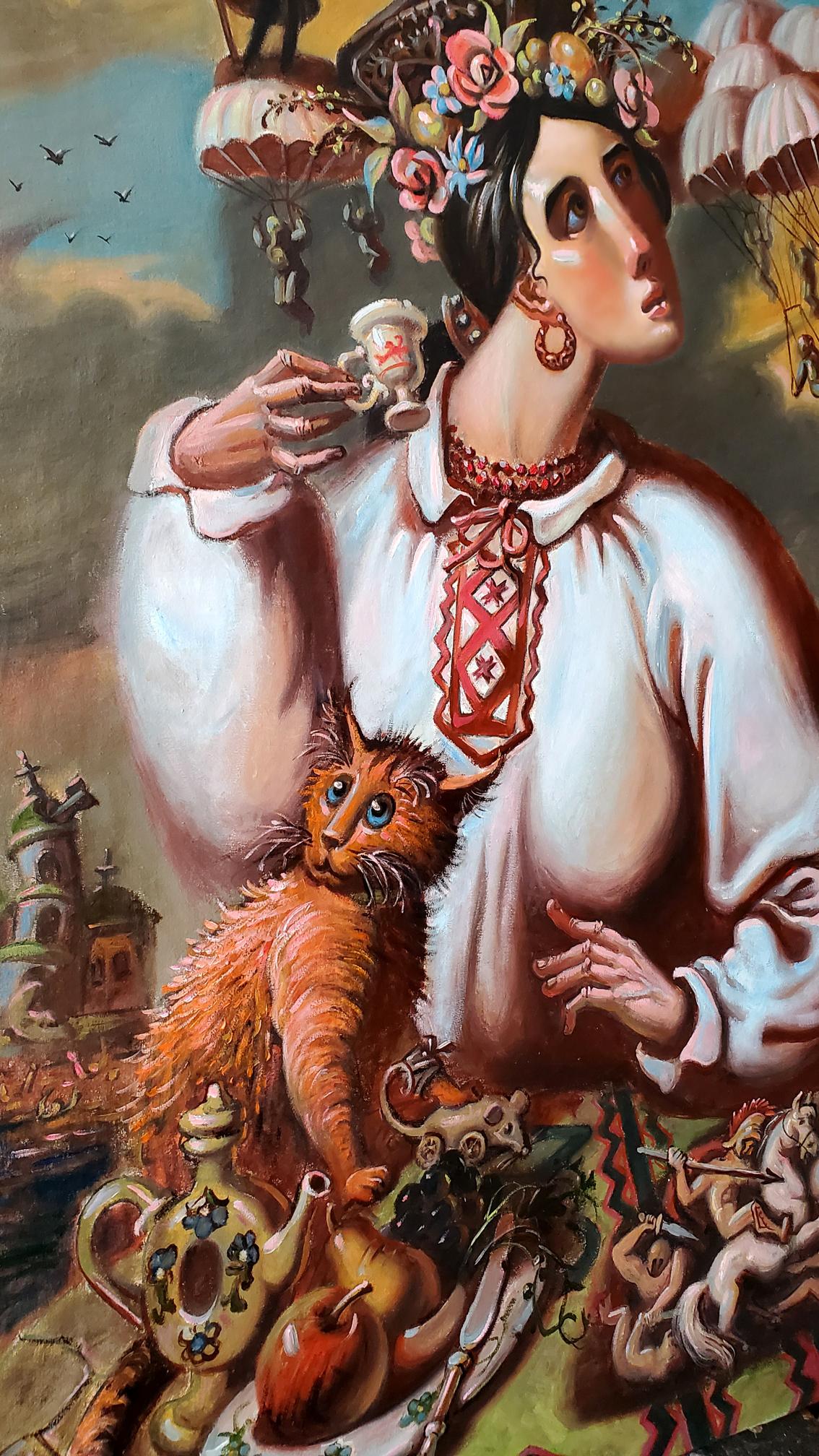 Oil painting Morning in Ukraine by Litvinov Daniil Olegovich: woman with cat holds teacup