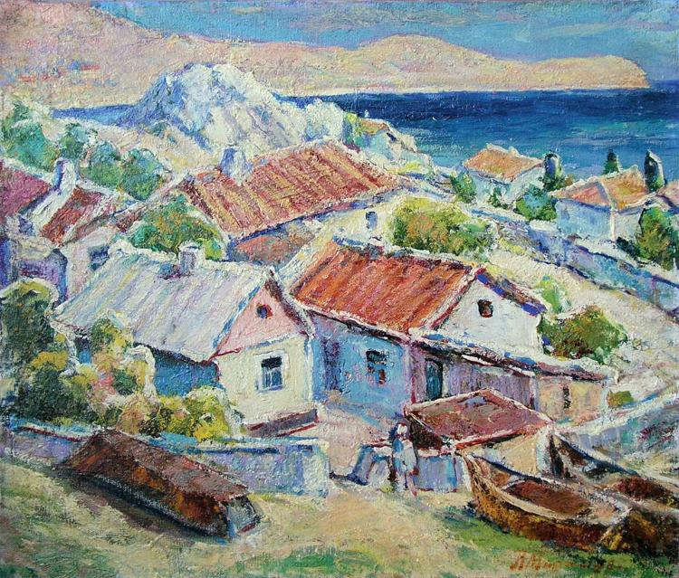 Vibrant impressionist oil painting by Azov Miroshnichenko Pavel Petrovich of coastal village