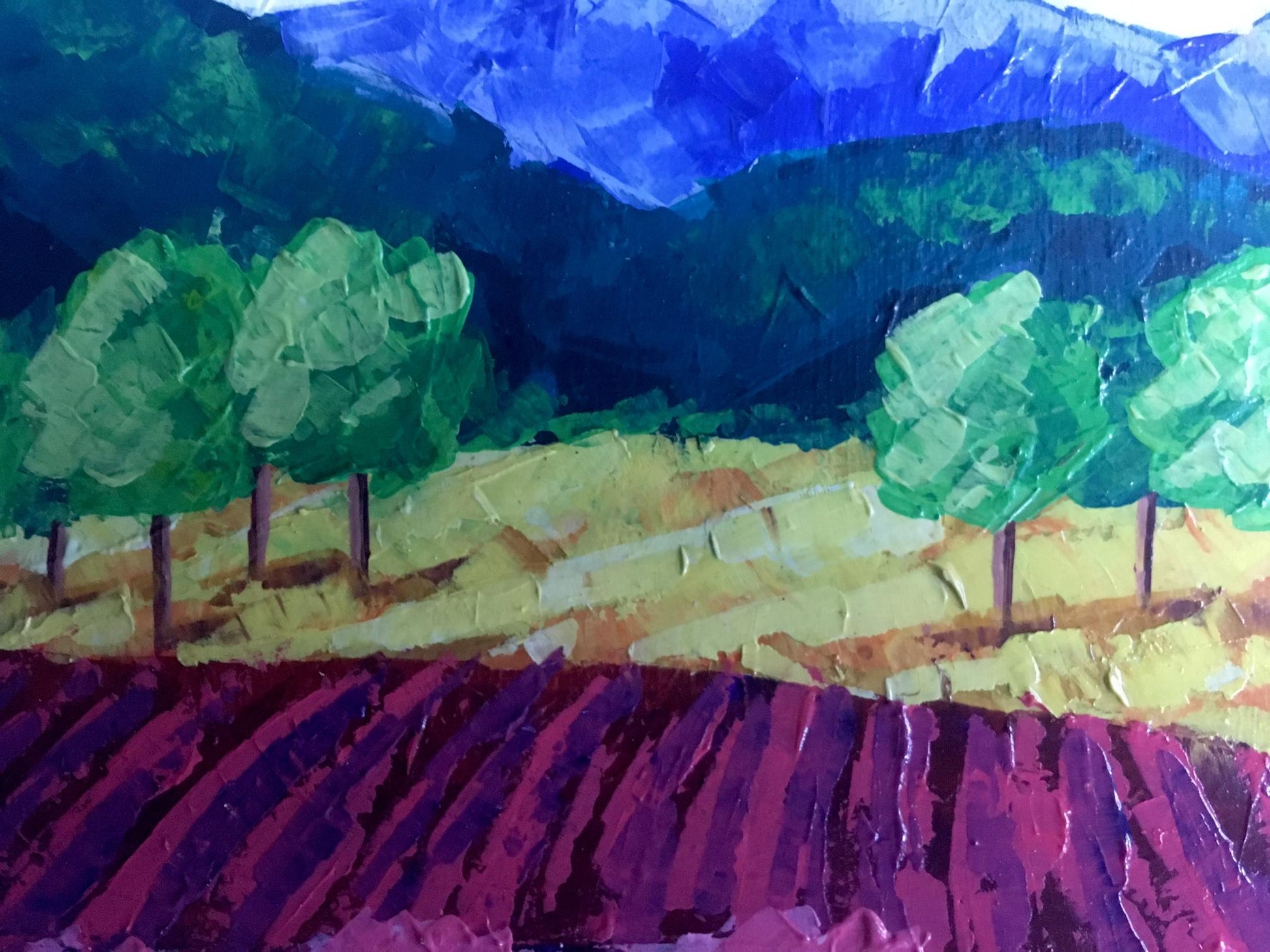 Oil painting of V. Zadorozhnyas vineyards in forested mountains