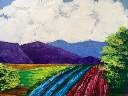 Vibrant oil painting Vineyards in the mountains V. Zadorozhnya with purple peaks