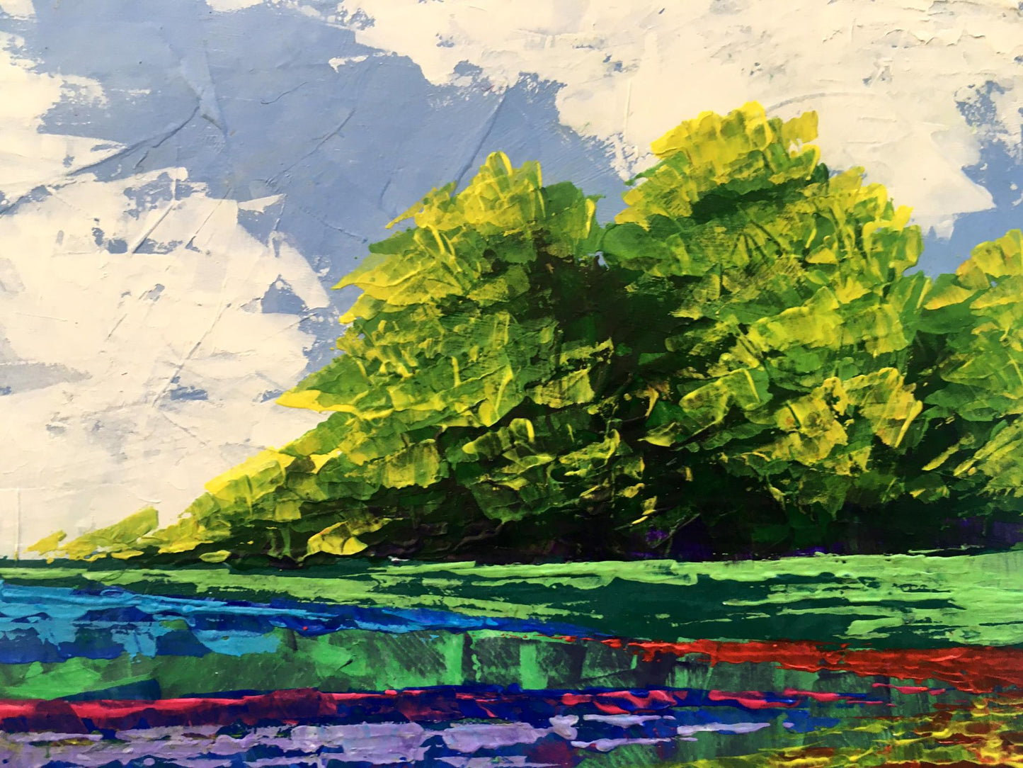 Vibrant oil painting Twilight Forestscape by Zadorozhnya, lush green tree and dynamic sky