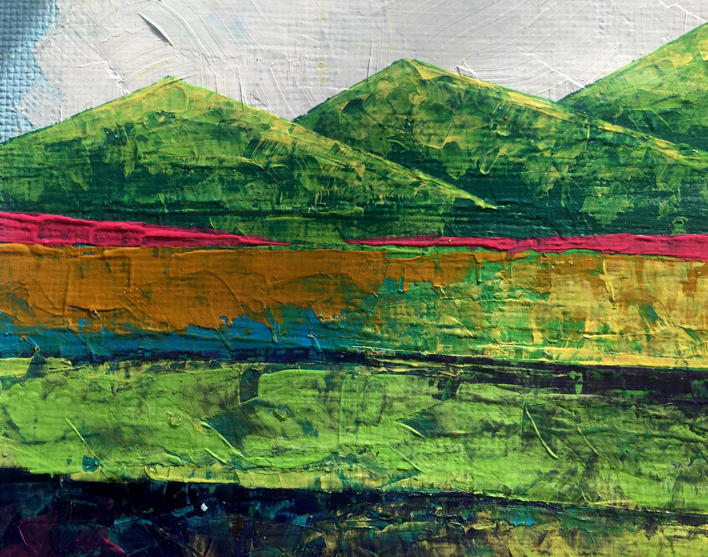Oil painting In the summer mountains by Zadorozhnya V. V. with green hills and pink band